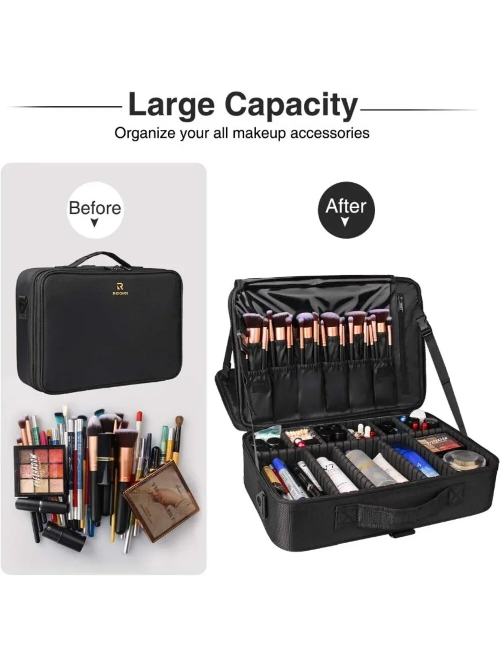 Large Makeup Case - Waterproof Travel Cosmetic Organizer, 3-Layer Brush Holder